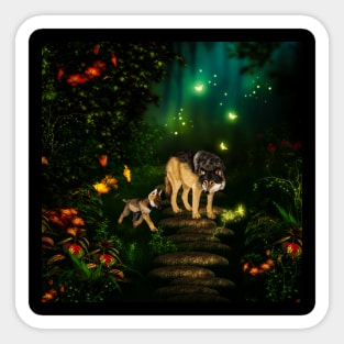 Awesome wolf with pup in the forest Sticker